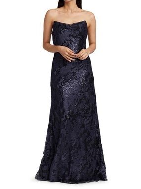 Rene Ruiz Strapless Navy Sequin Jacquard Gown